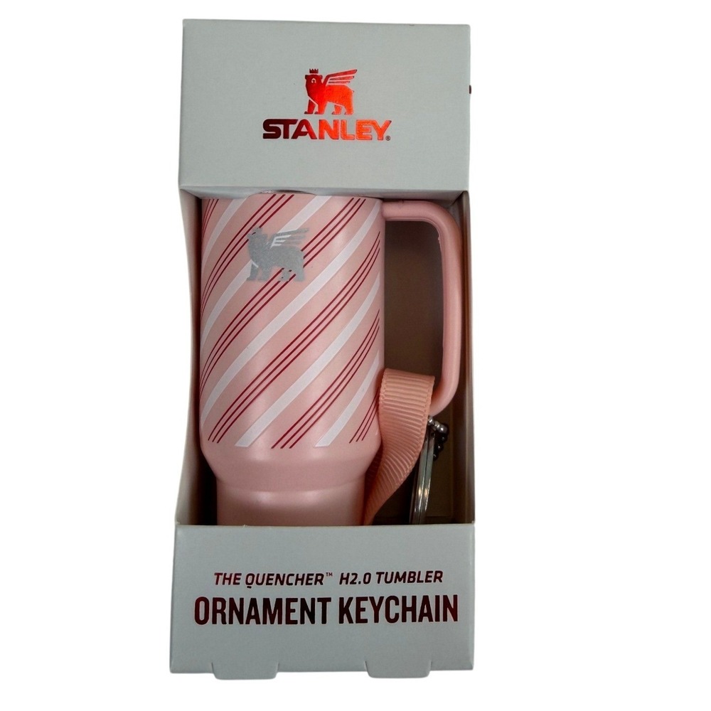 Stanley Quencher H2.0 Tumbler Ornament Keychain Pink White Candy Cane Stripe NEW